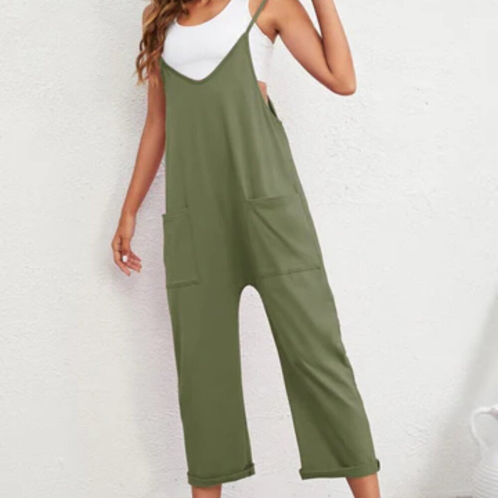 Olive Green Sleeveless Jumpsuit Romper Jumper Harem Boho Lagenlook Modern Large